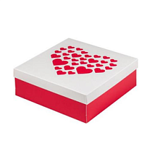 картинка Коробка для пирожных бело-красная с сердечками 200*200*70 мм от магазинаАрт-Я