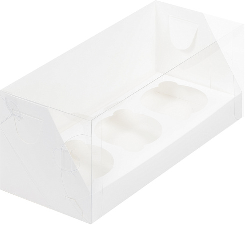 картинка Коробка для 3 капкейков с пластиковой крышкой 240*100*100 мм БЕЛАЯ от магазинаАрт-Я