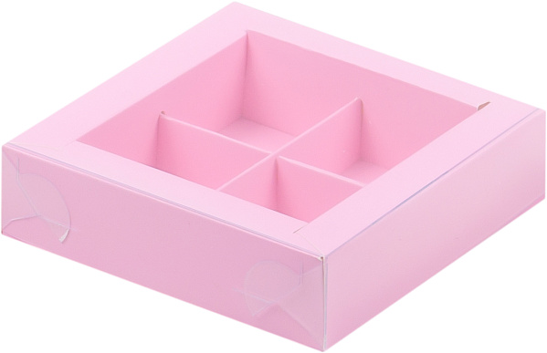 картинка Коробка для 4 конфет с пластиковой крышкой 120*120*30мм (РОЗОВАЯ) от магазинаАрт-Я