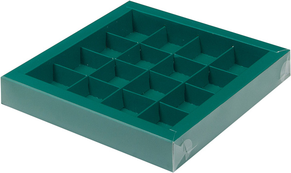 картинка Коробка для 16 конфет с пластиковой крышкой 200*200*30 ЗЕЛЕНАЯ от магазинаАрт-Я